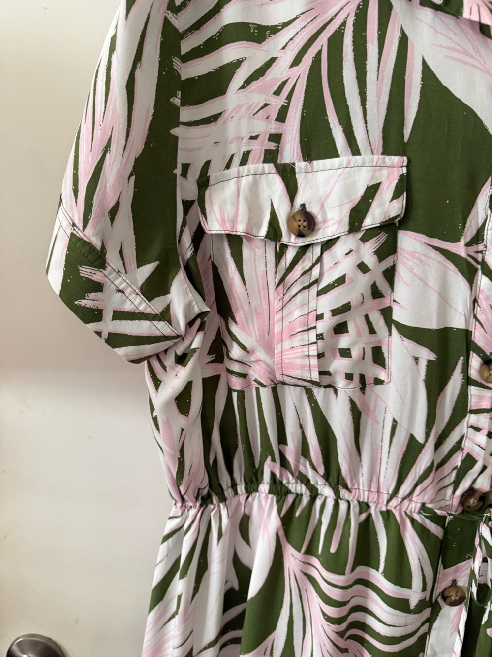 LOFT Olive & Pink Tropical Print Button-Up Dress - Picture 4 of 7